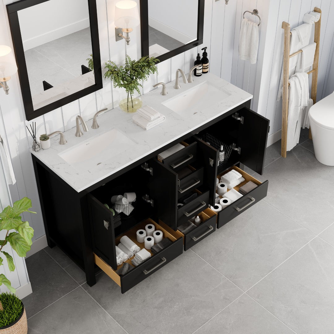Aberdeen 60 in. Espresso Double Sink Bath Vanity with Carrara Quartz Top and Undermount Porcelain Sinks