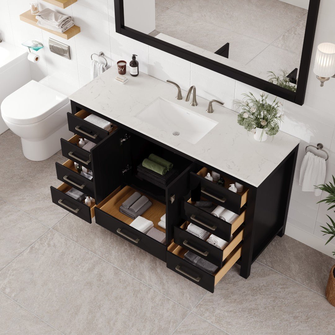 Aberdeen 60 in. Espresso Single Sink Bath Vanity with Carrara Quartz Top and Undermount Porcelain Sink - Bathroom Vanity by Eviva
