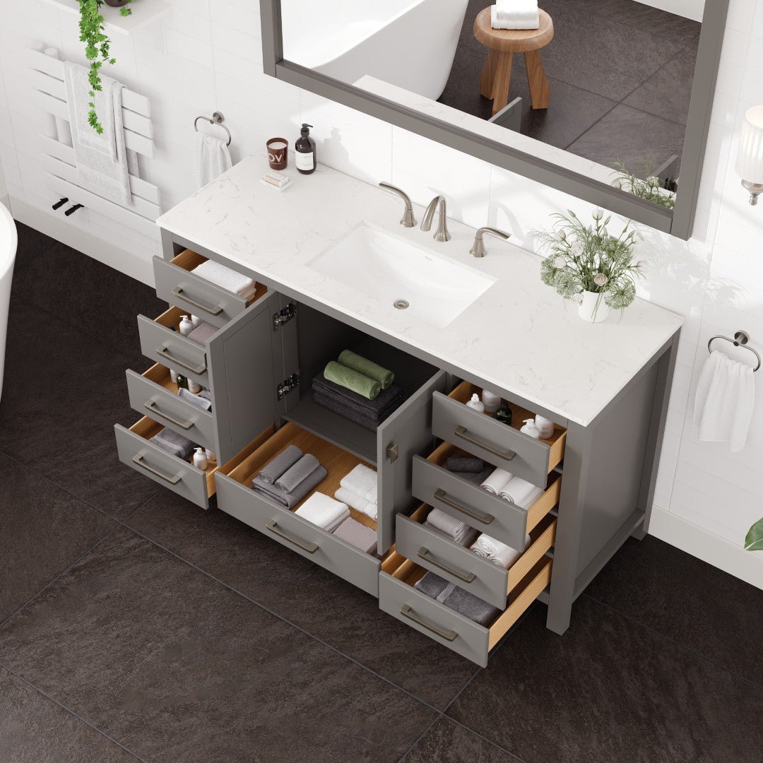 Aberdeen 60 in. Gray Single Sink Bath Vanity with Carrara Quartz Top and Undermount Porcelain Sink - Bathroom Vanity by Eviva