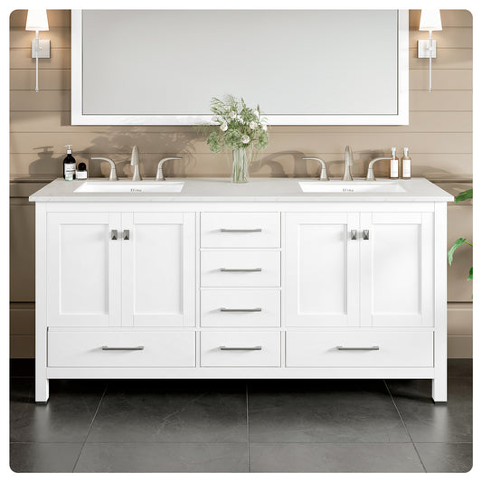 Aberdeen 72"W x 22"D White Double Sink Bathroom Vanity with Carrara Quartz Countertop and Undermount Porcelain Sink