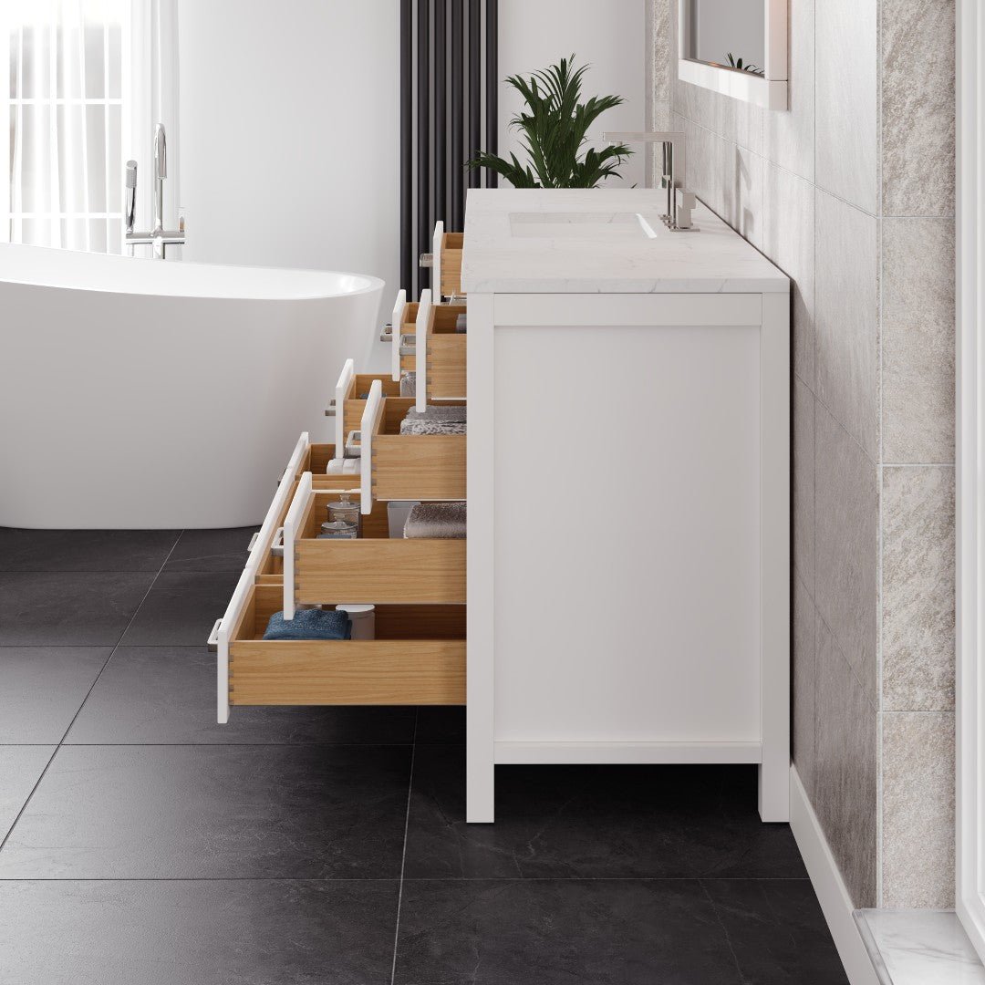 Aberdeen 72 in. White Single Sink Bath Vanity with Carrara Quartz Top and Undermount Porcelain Sink - Bathroom Vanity by Eviva