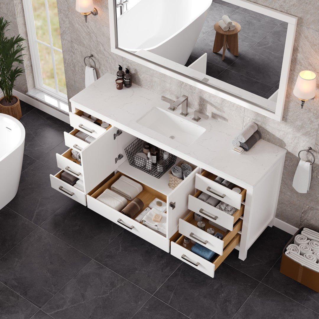 Aberdeen 72 in. White Single Sink Bath Vanity with Carrara Quartz Top and Undermount Porcelain Sink - Bathroom Vanity by Eviva