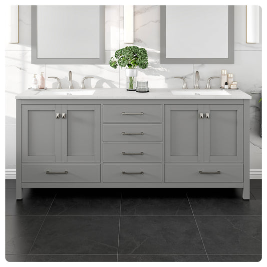 Aberdeen 78"W x 22"D Gray Double Sink Bathroom Vanity with Carrara Quartz Countertop and Undermount Porcelain Sink