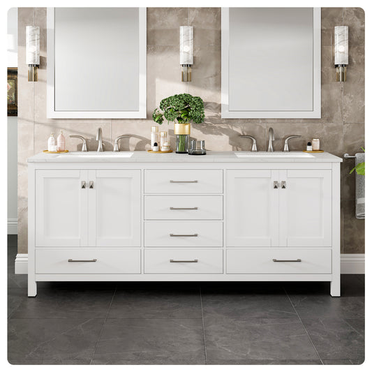 Aberdeen 78"W x 22"D White Double Sink Bathroom Vanity with Carrara Quartz Countertop and Undermount Porcelain Sink