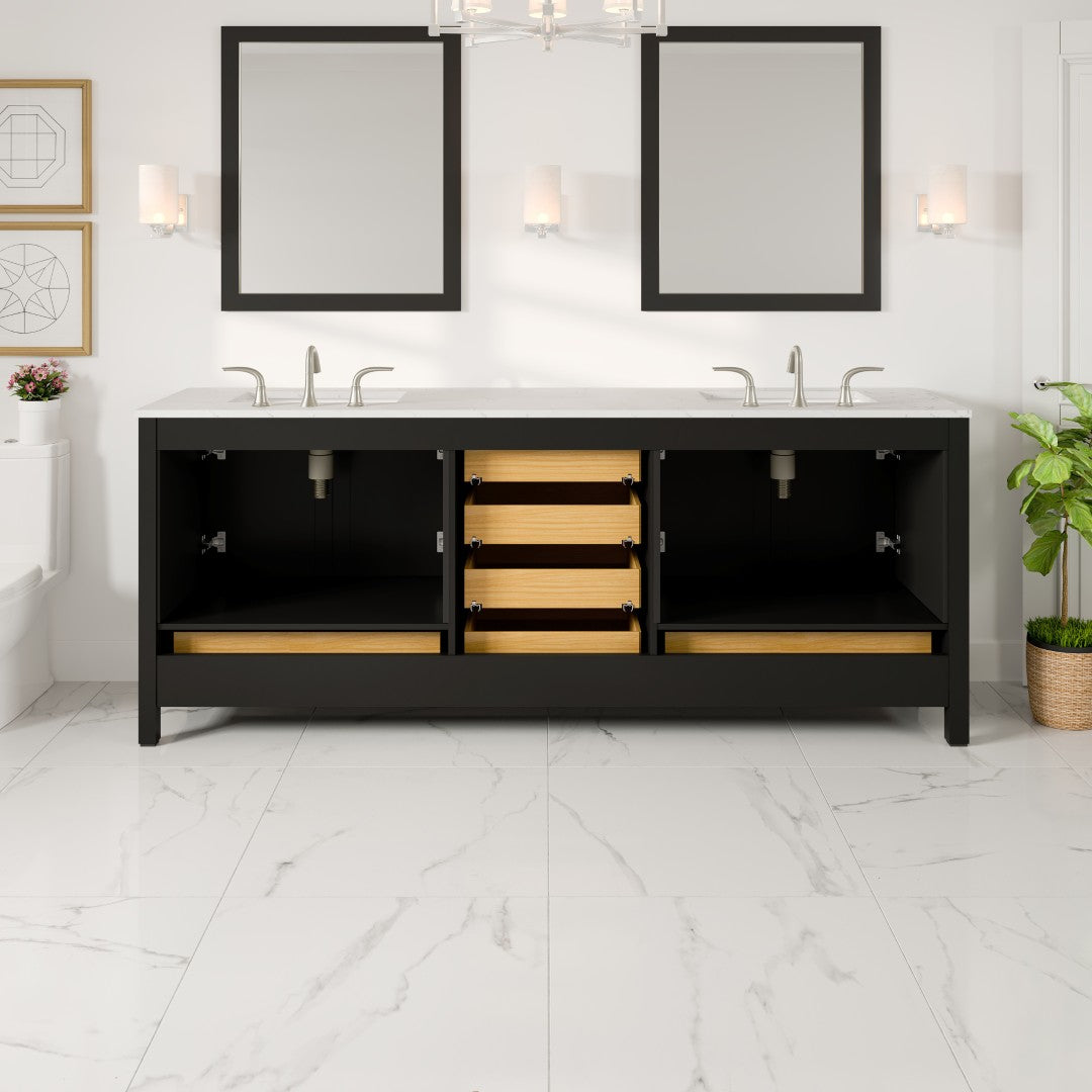 Aberdeen 84 in. Espresso Double Sink Bath Vanity with Carrara Quartz Top and Undermount Porcelain Sinks