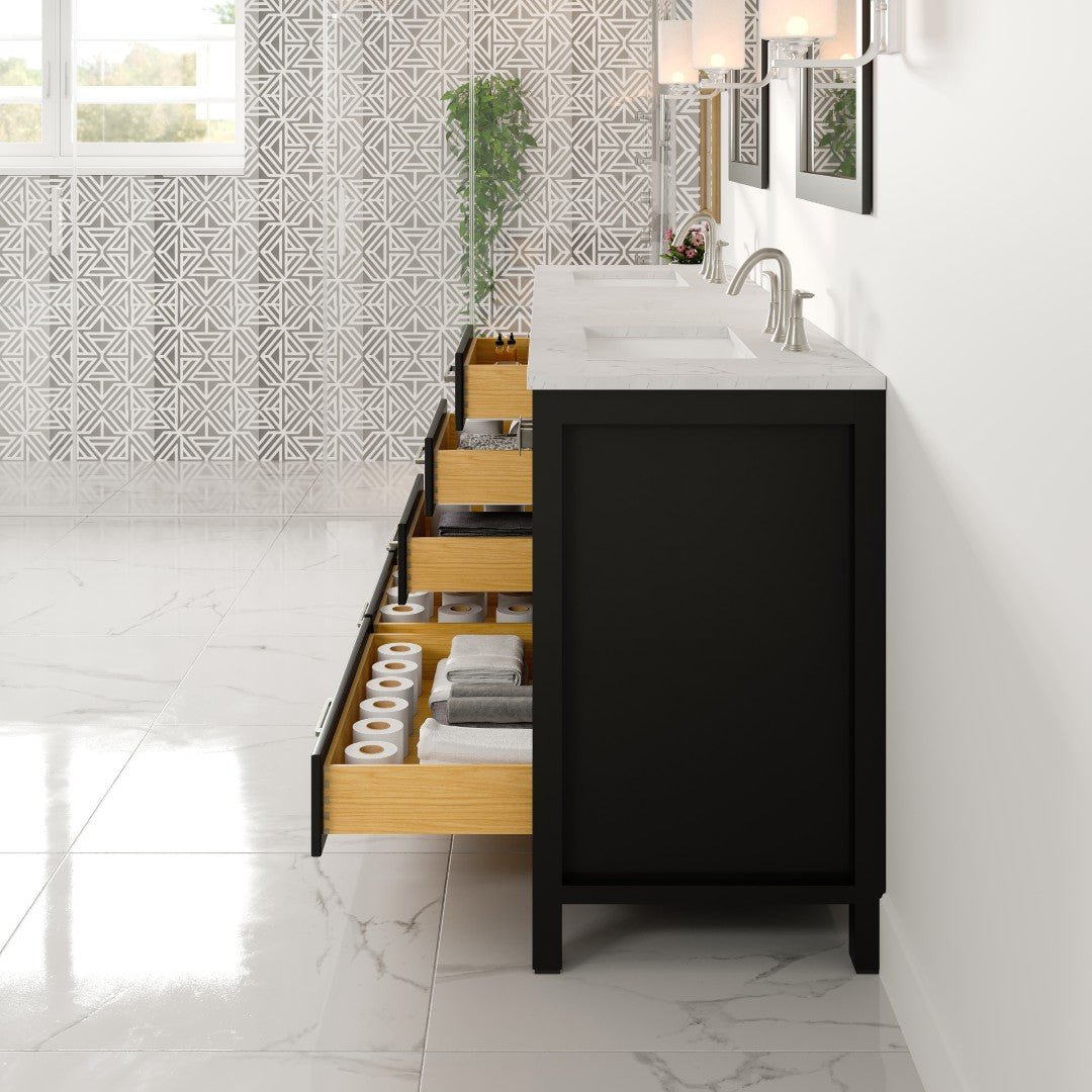 Aberdeen 84 in. Espresso Double Sink Bath Vanity with Carrara Quartz Top and Undermount Porcelain Sinks - Bathroom Vanity by Eviva
