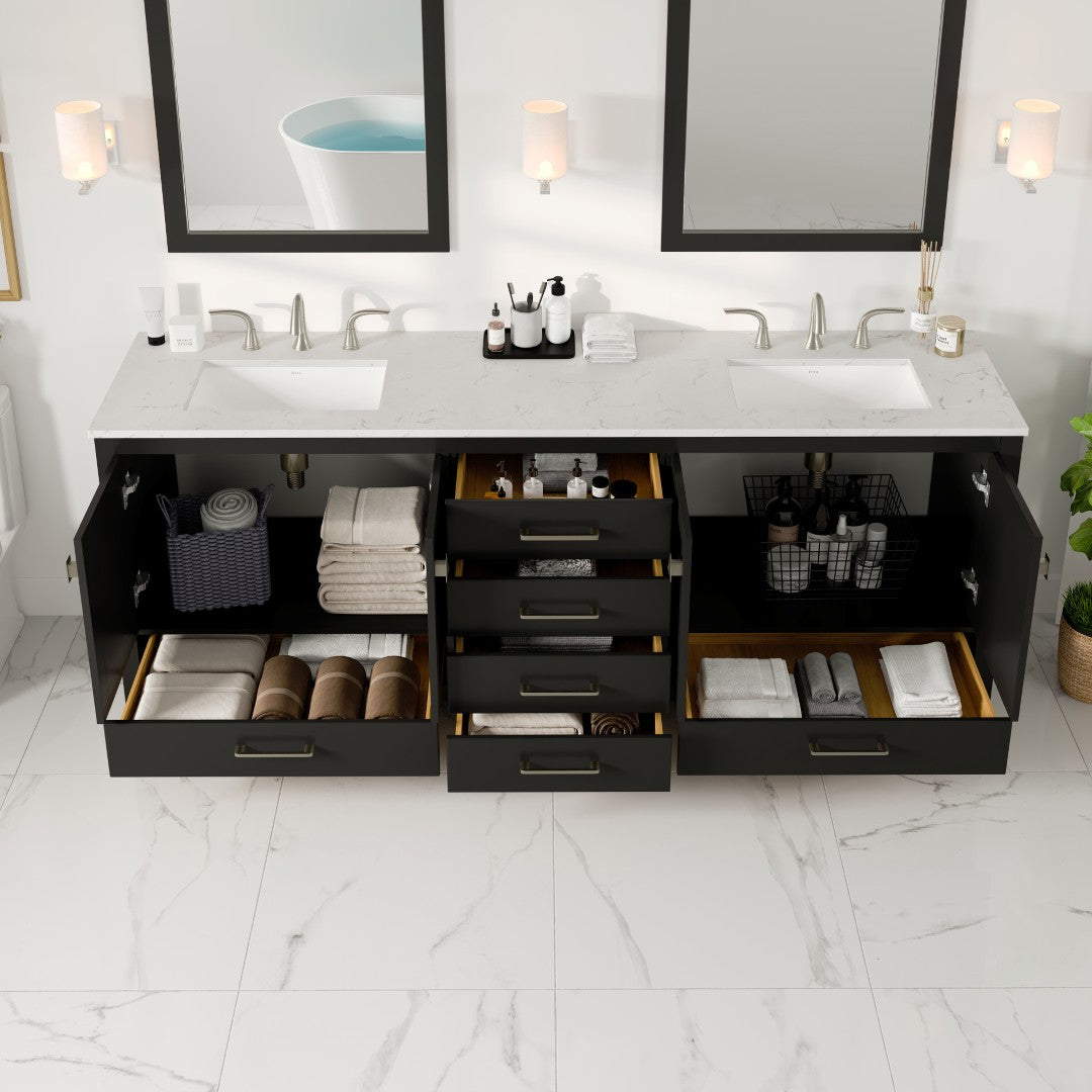 Aberdeen 84 in. Espresso Double Sink Bath Vanity with Carrara Quartz Top and Undermount Porcelain Sinks