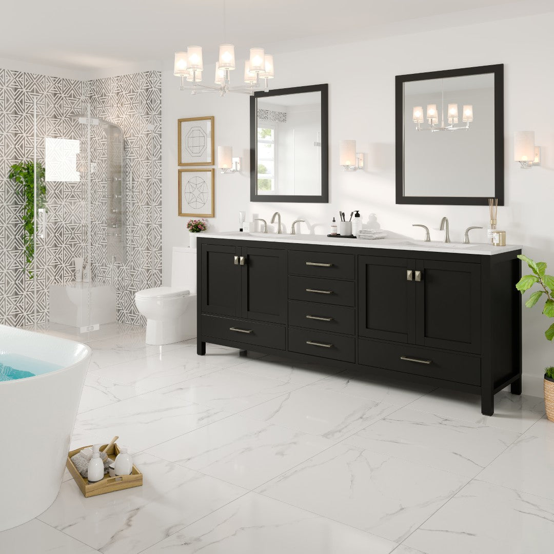 Aberdeen 84 in. Espresso Double Sink Bath Vanity with Carrara Quartz Top and Undermount Porcelain Sinks