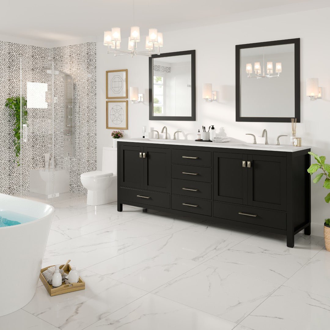 Aberdeen 84 in. Espresso Double Sink Bath Vanity with Carrara Quartz Top and Undermount Porcelain Sinks - Bathroom Vanity by Eviva