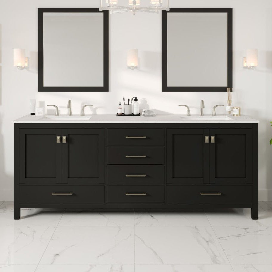 Aberdeen 84 in. Espresso Double Sink Bath Vanity with Carrara Quartz Top and Undermount Porcelain Sinks - Bathroom Vanity by Eviva