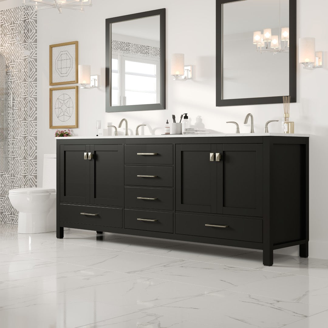 Aberdeen 84 in. Espresso Double Sink Bath Vanity with Carrara Quartz Top and Undermount Porcelain Sinks