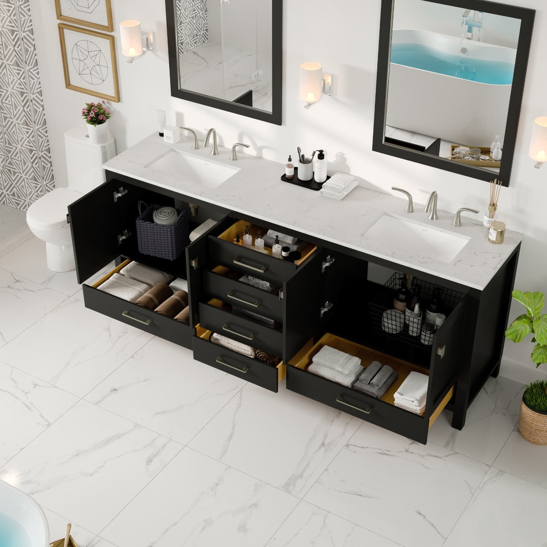 Aberdeen 84 in. Espresso Double Sink Bath Vanity with Carrara Quartz Top and Undermount Porcelain Sinks