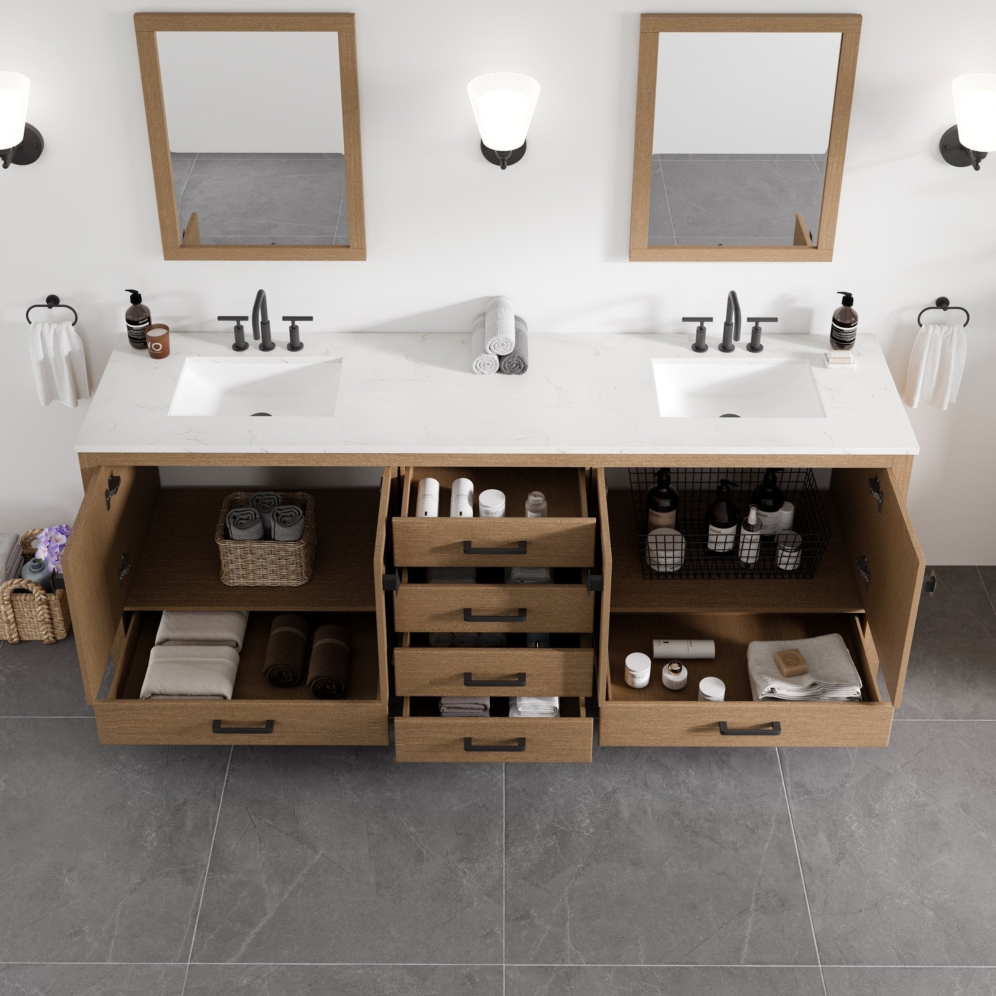 Aberdeen 84 in. Oak Double Sink Bath Vanity with Arabescato Engineered Stone Top and Undermount Porcelain Sinks - Bathroom Vanity by Eviva
