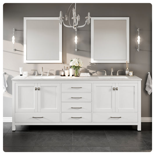 Aberdeen 84"W x 22"D White Double Sink Bathroom Vanity with Carrara Quartz Countertop and Undermount Porcelain Sink