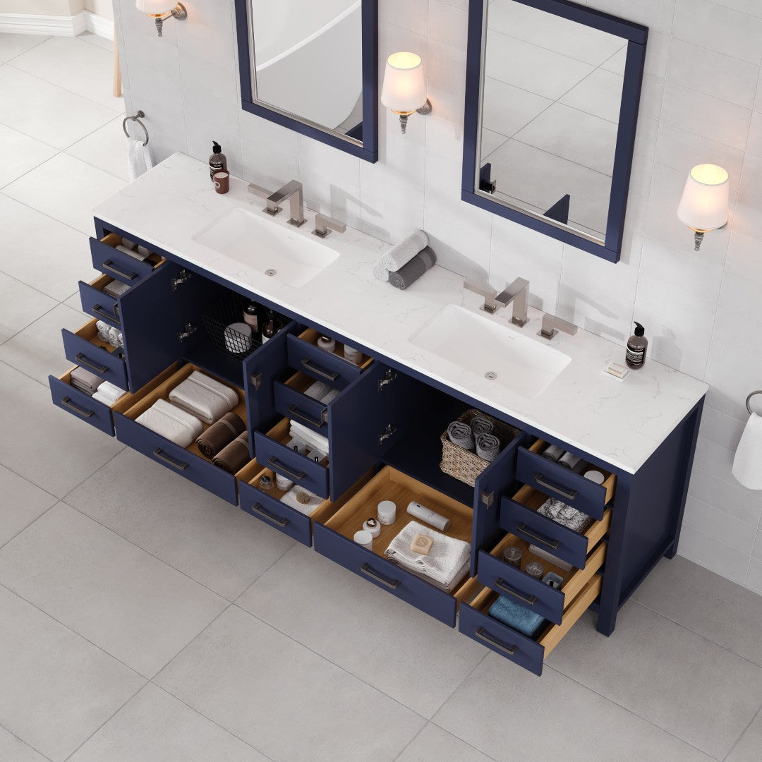 Aberdeen 96 in. Blue Double Sink Bath Vanity with Carrara Quartz Top and Undermount Porcelain Sinks