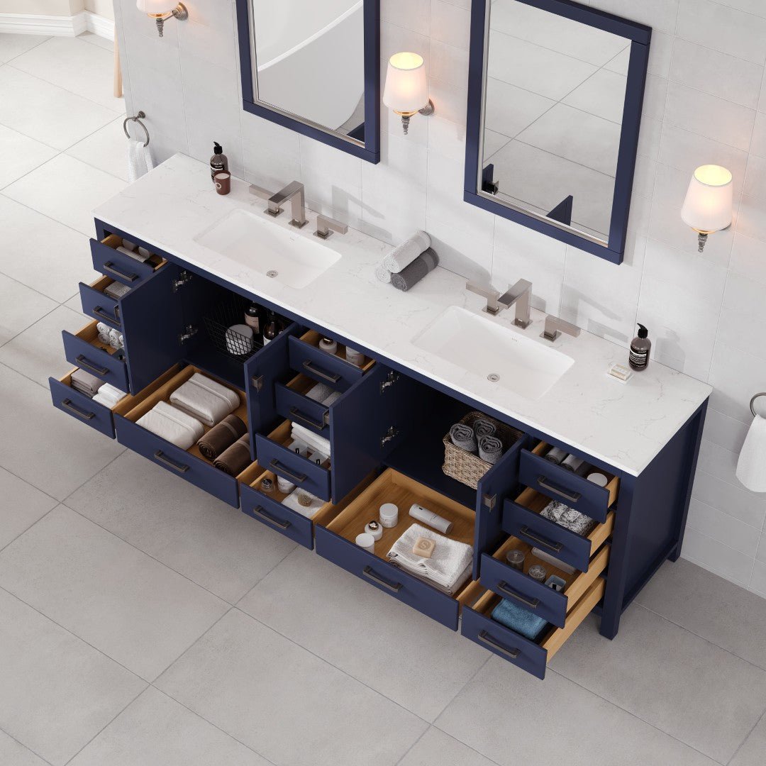 Aberdeen 96 in. Blue Double Sink Bath Vanity with Carrara Quartz Top and Undermount Porcelain Sinks - Bathroom Vanity by Eviva