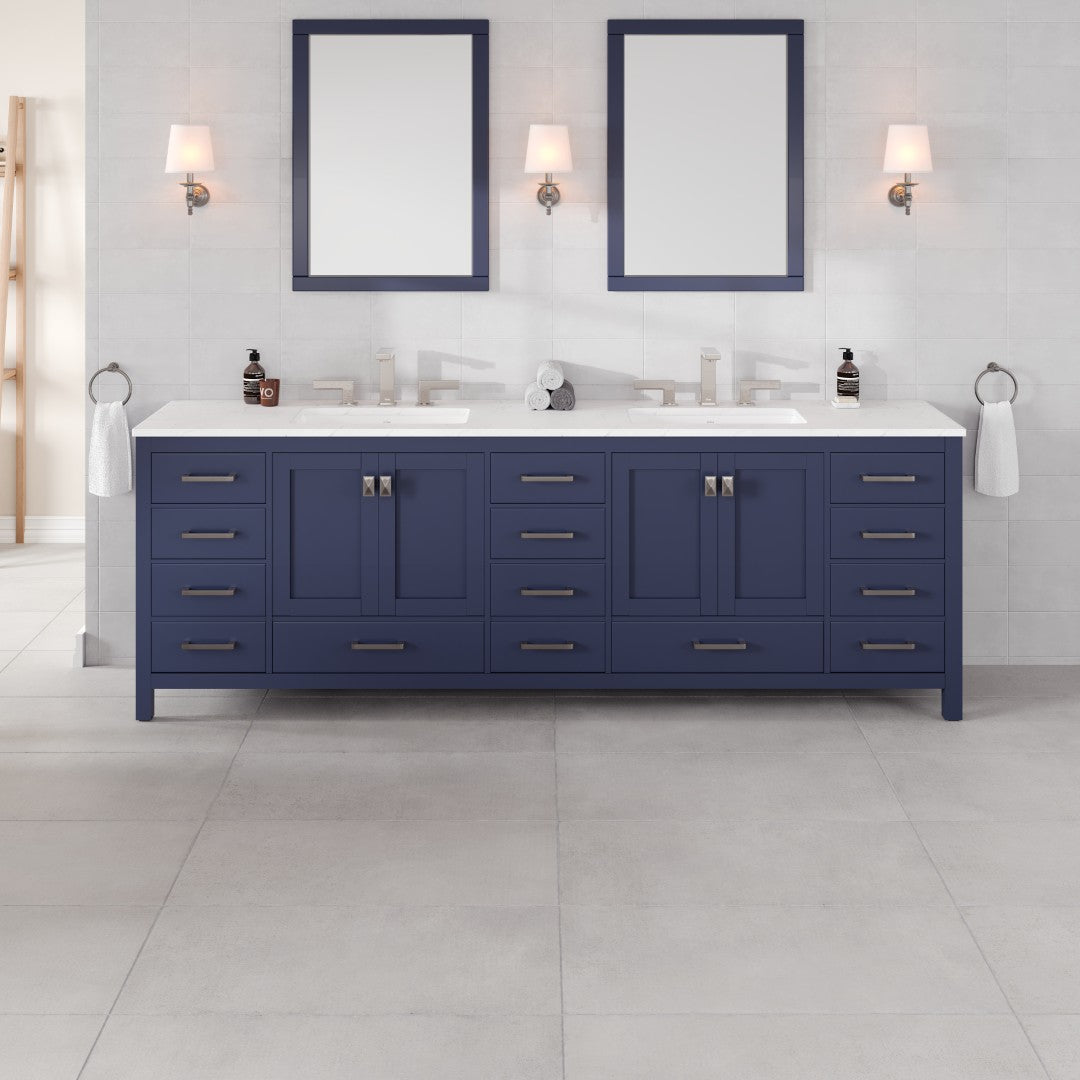 Aberdeen 96 in. Blue Double Sink Bath Vanity with Carrara Quartz Top and Undermount Porcelain Sinks