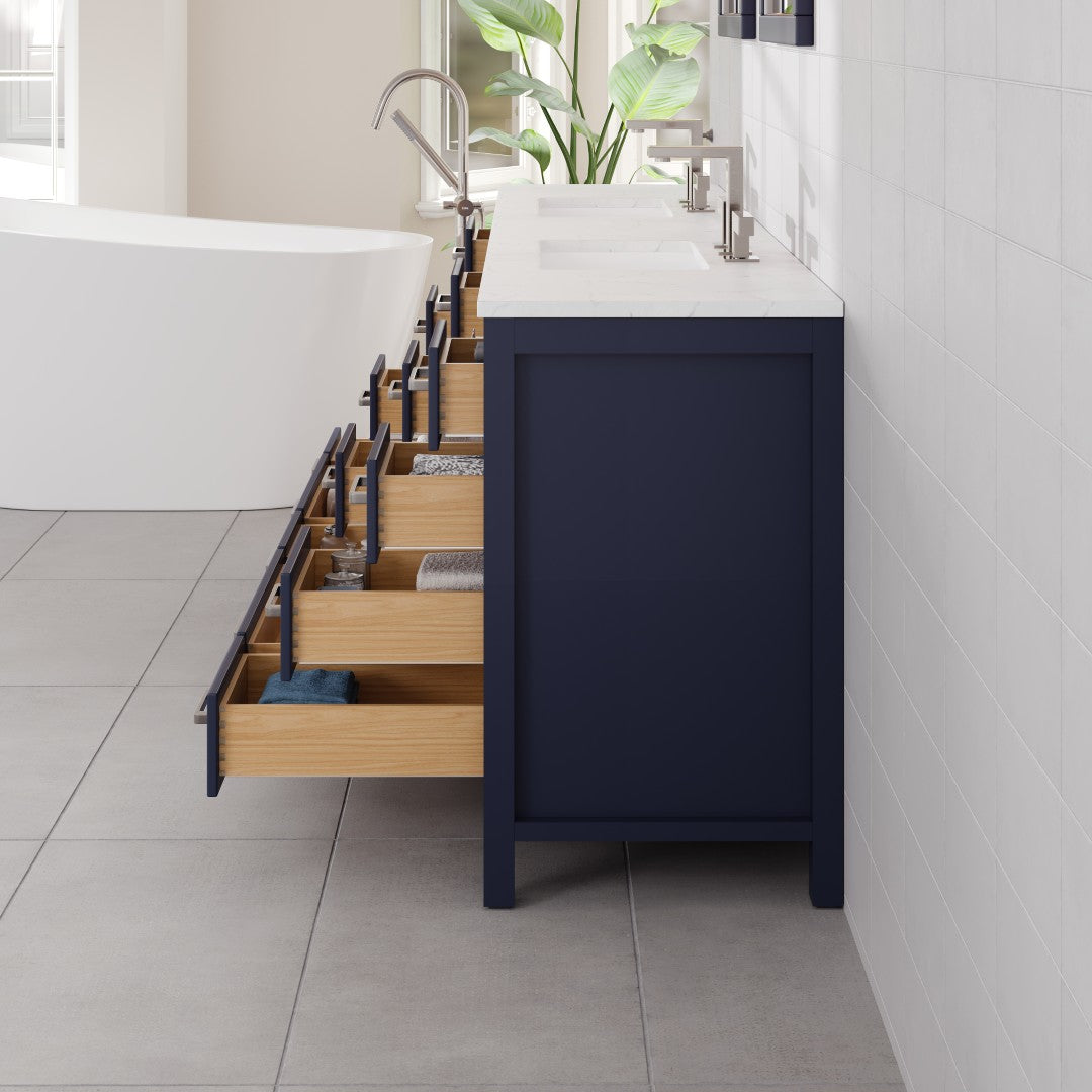 Aberdeen 96 in. Blue Double Sink Bath Vanity with Carrara Quartz Top and Undermount Porcelain Sinks