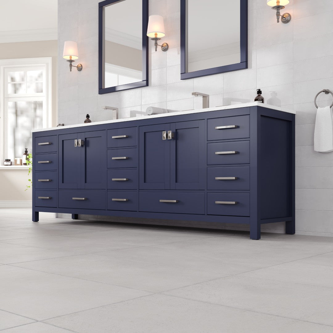Aberdeen 96 in. Blue Double Sink Bath Vanity with Carrara Quartz Top and Undermount Porcelain Sinks