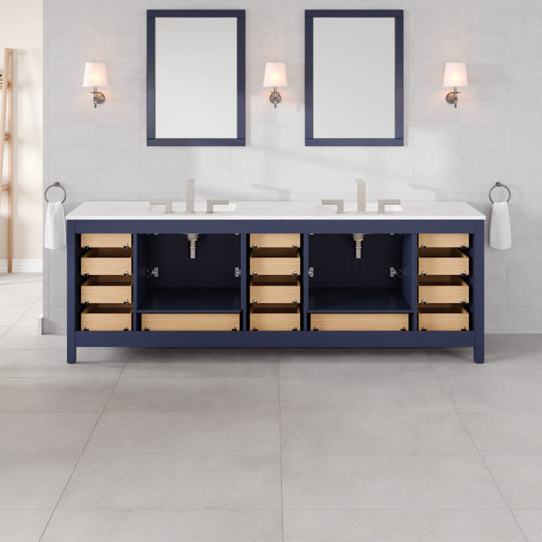Aberdeen 96 in. Blue Double Sink Bath Vanity with Carrara Quartz Top and Undermount Porcelain Sinks