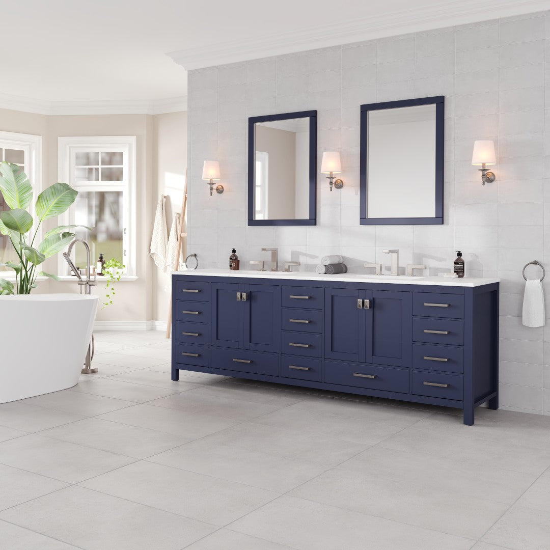 Aberdeen 96 in. Blue Double Sink Bath Vanity with Carrara Quartz Top and Undermount Porcelain Sinks