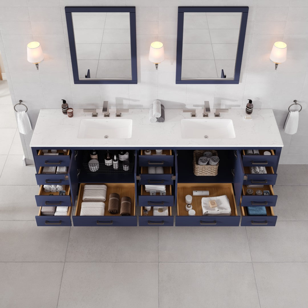 Aberdeen 96 in. Blue Double Sink Bath Vanity with Carrara Quartz Top and Undermount Porcelain Sinks