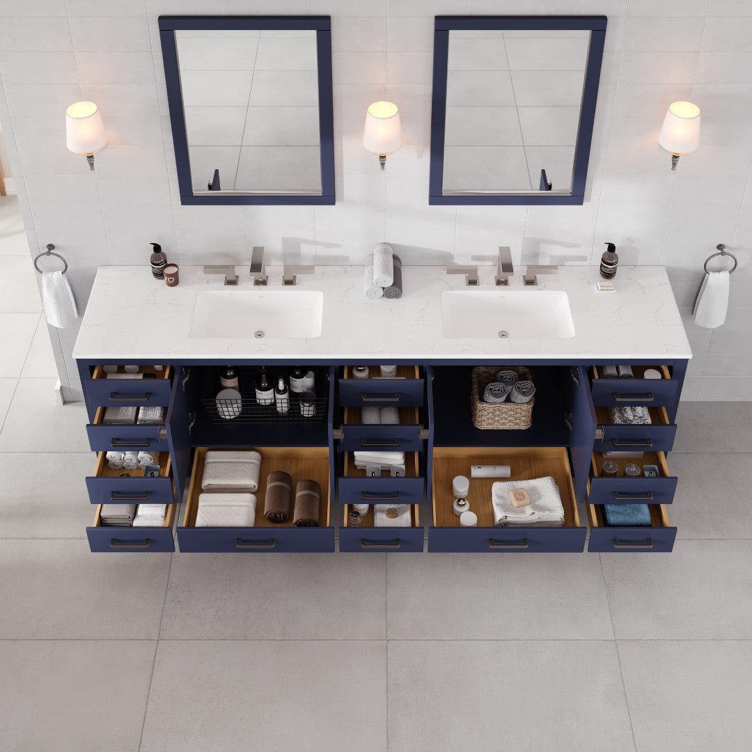 Aberdeen 96 in. Blue Double Sink Bath Vanity with Carrara Quartz Top and Undermount Porcelain Sinks - Bathroom Vanity by Eviva