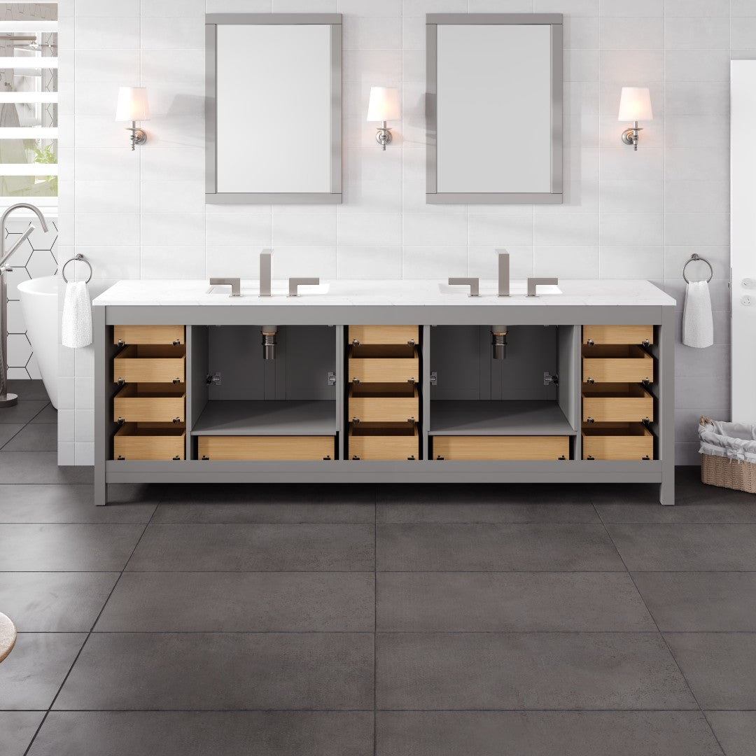 Aberdeen 96 in. Gray Double Sink Bath Vanity with Carrara Quartz Top and Undermount Porcelain Sinks