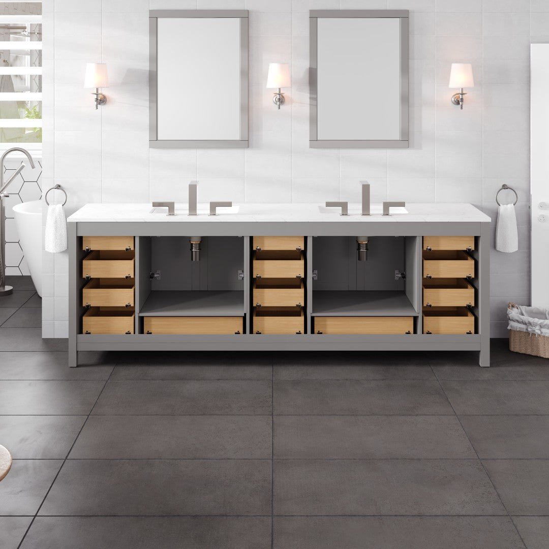 Aberdeen 96 in. Gray Double Sink Bath Vanity with Carrara Quartz Top and Undermount Porcelain Sinks - Bathroom Vanity by Eviva