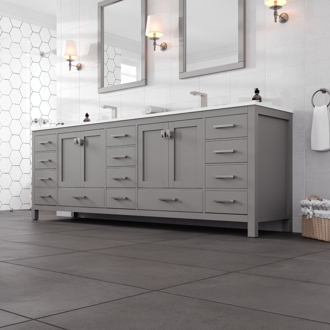 Aberdeen 96 in. Gray Double Sink Bath Vanity with Carrara Quartz Top and Undermount Porcelain Sinks
