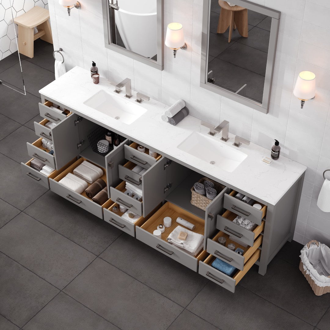 Aberdeen 96 in. Gray Double Sink Bath Vanity with Carrara Quartz Top and Undermount Porcelain Sinks