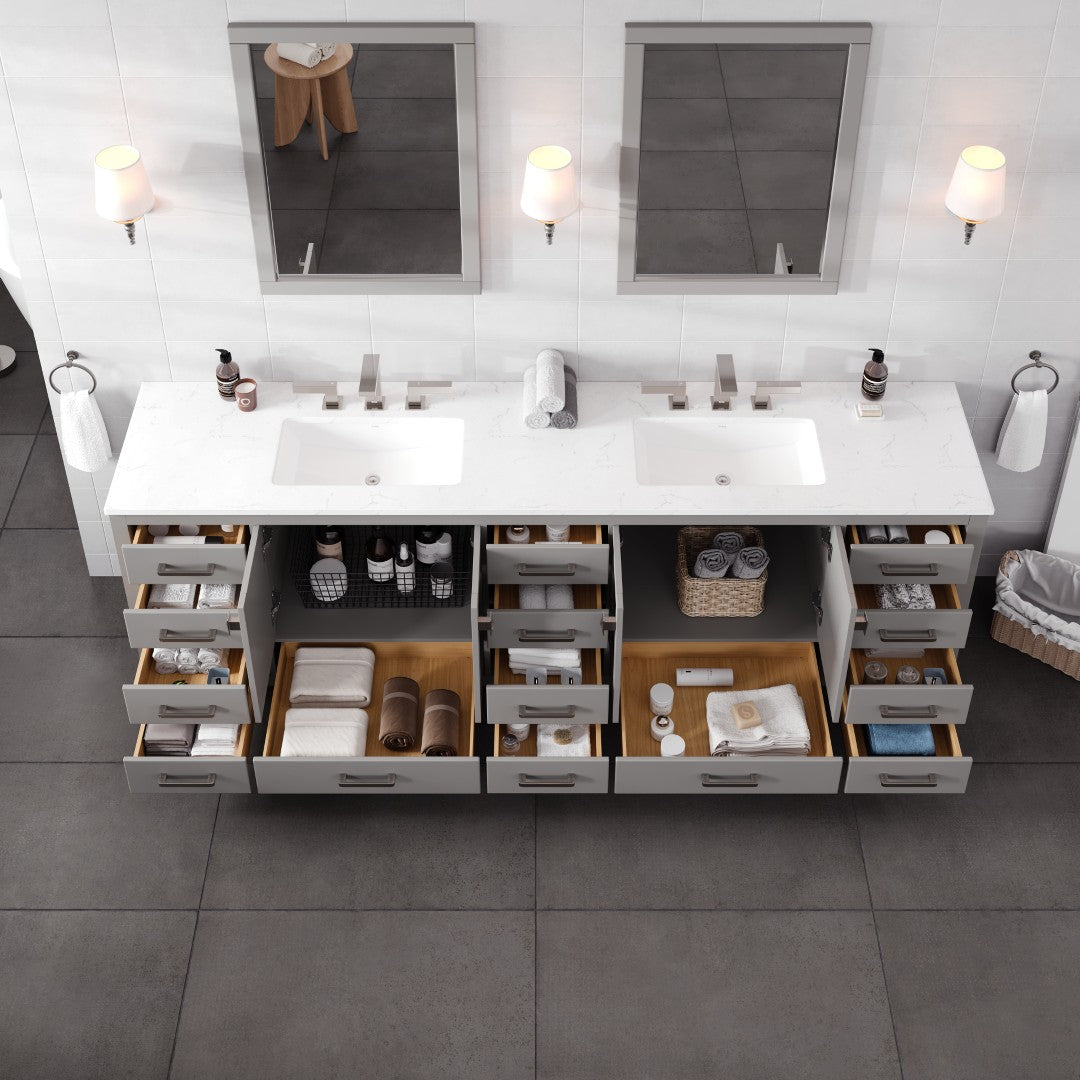 Aberdeen 96 in. Gray Double Sink Bath Vanity with Carrara Quartz Top and Undermount Porcelain Sinks