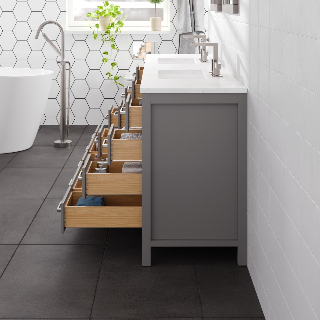 Aberdeen 96 in. Gray Double Sink Bath Vanity with Carrara Quartz Top and Undermount Porcelain Sinks