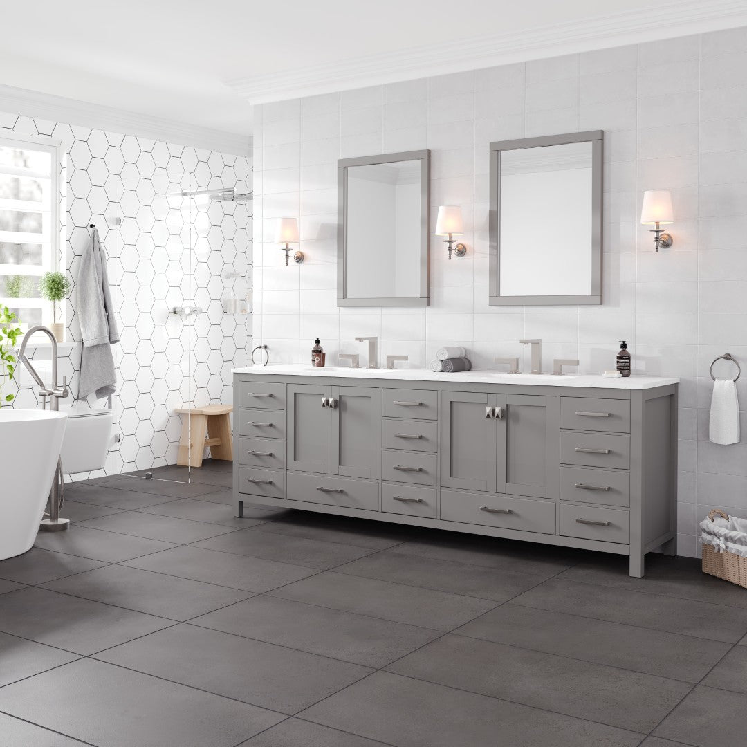 Aberdeen 96 in. Gray Double Sink Bath Vanity with Carrara Quartz Top and Undermount Porcelain Sinks