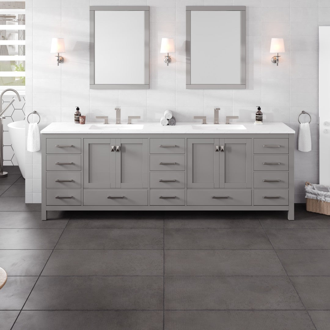Aberdeen 96 in. Gray Double Sink Bath Vanity with Carrara Quartz Top and Undermount Porcelain Sinks