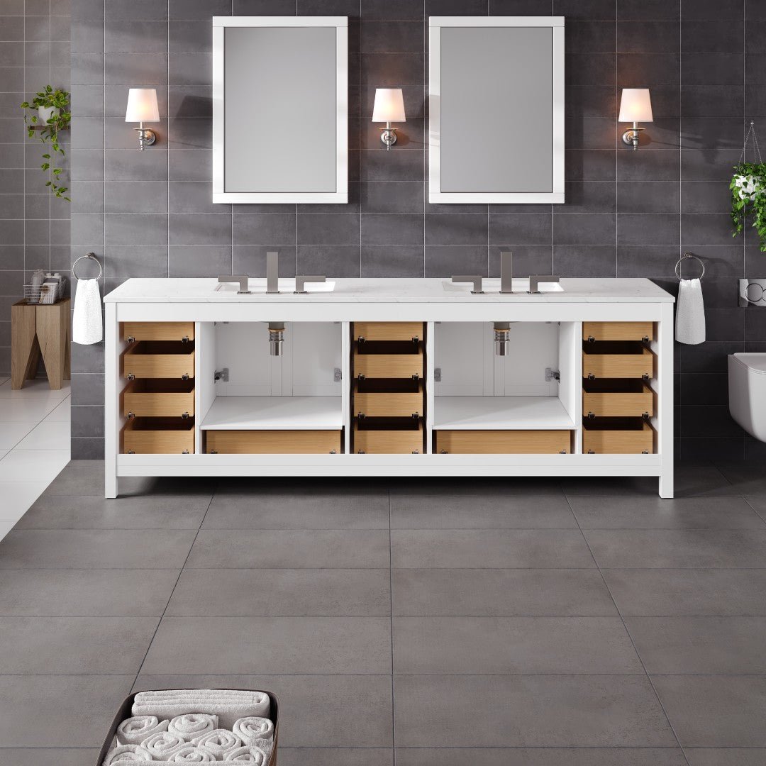 Aberdeen 96 in. White Double Sink Bath Vanity with Carrara Quartz Top and Undermount Porcelain Sinks - Bathroom Vanity by Eviva