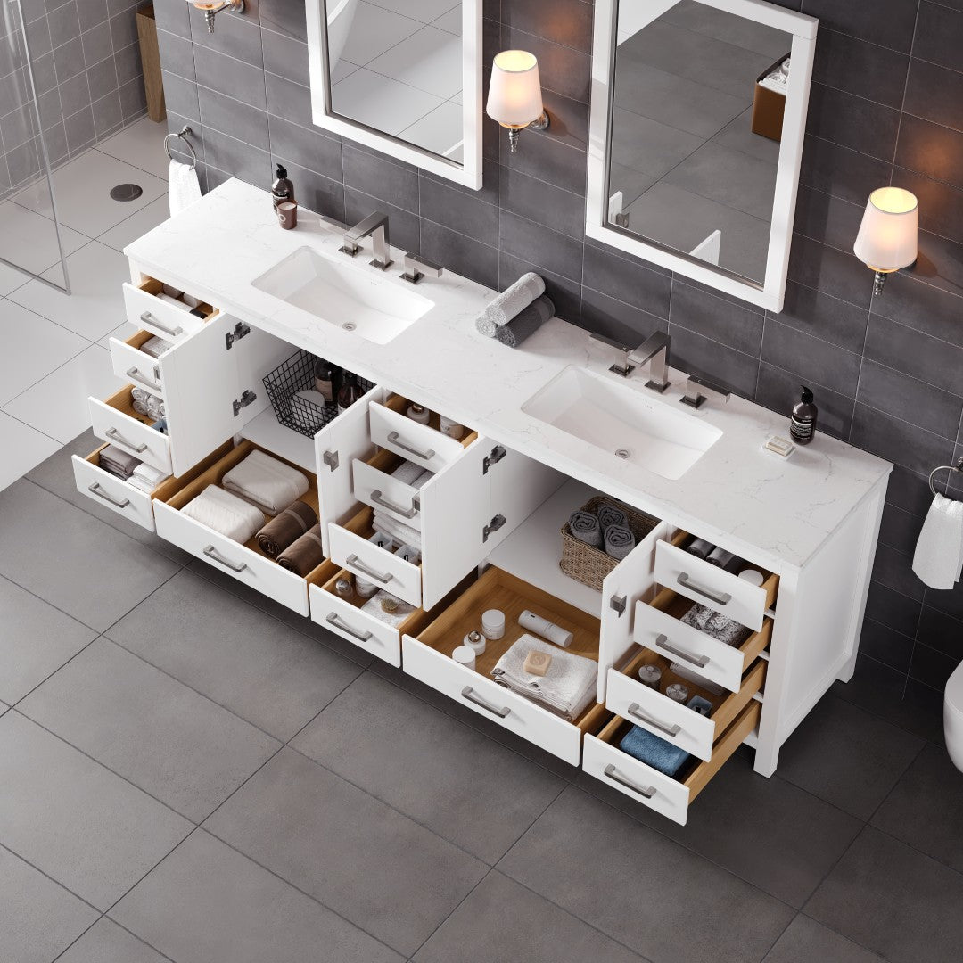 Aberdeen 96 in. White Double Sink  Bath Vanity with Carrara Quartz Top and Undermount Porcelain Sinks