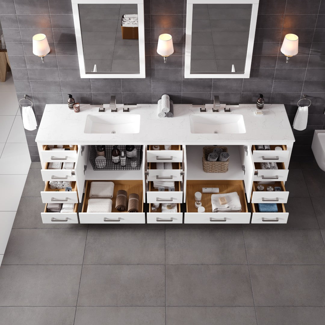 Aberdeen 96 in. White Double Sink  Bath Vanity with Carrara Quartz Top and Undermount Porcelain Sinks