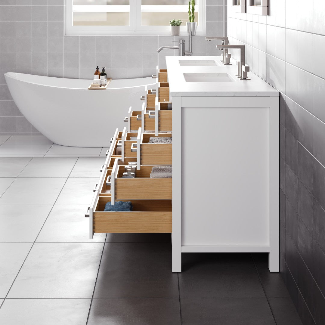 Aberdeen 96 in. White Double Sink  Bath Vanity with Carrara Quartz Top and Undermount Porcelain Sinks