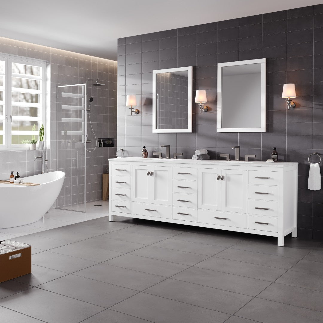 Aberdeen 96 in. White Double Sink  Bath Vanity with Carrara Quartz Top and Undermount Porcelain Sinks