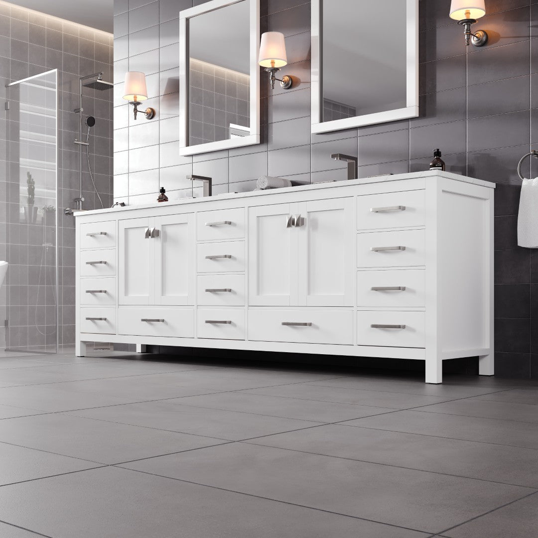 Aberdeen 96 in. White Double Sink  Bath Vanity with Carrara Quartz Top and Undermount Porcelain Sinks