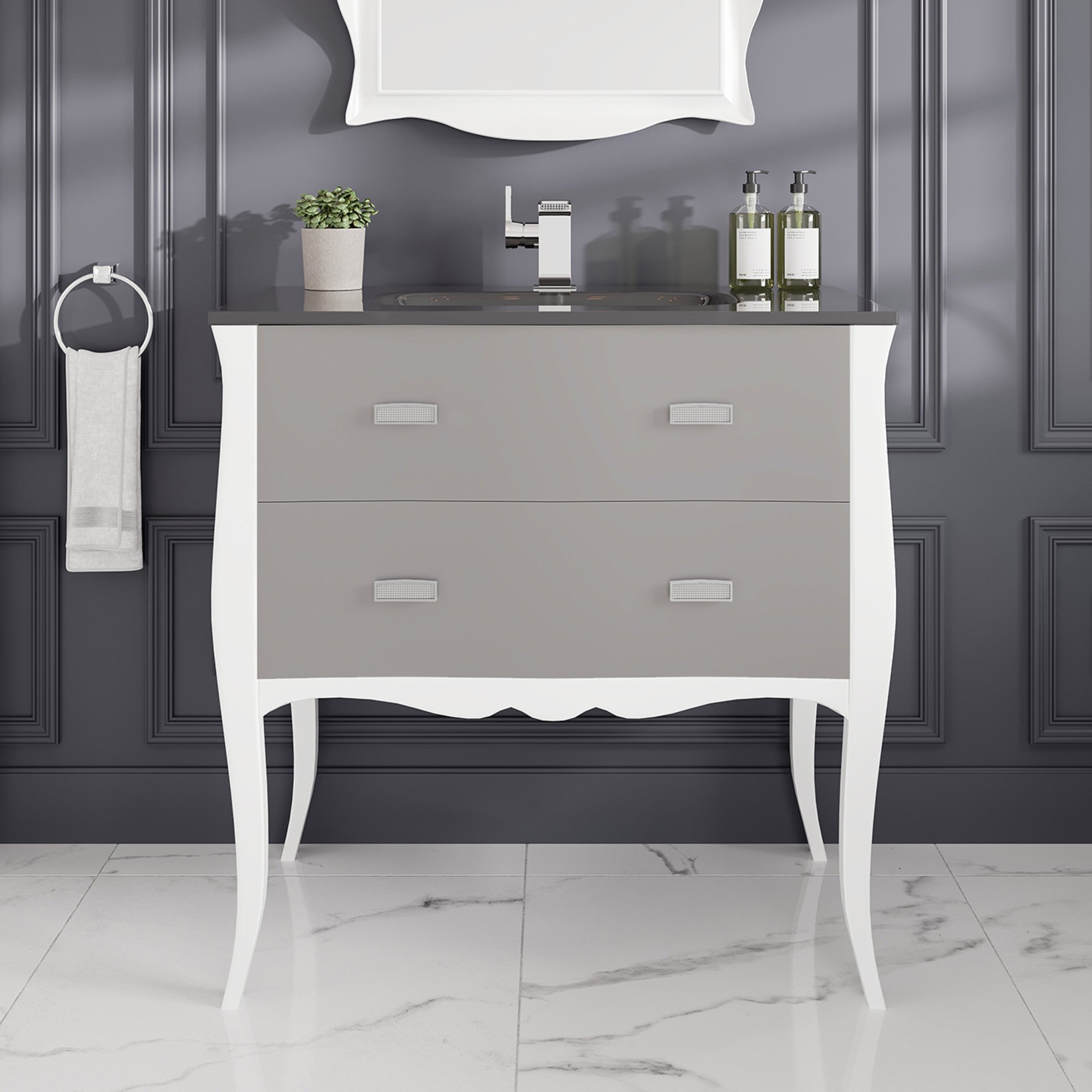 Aranjuez 32 in. White & Silver Single Sink Bath Vanity with Tempered Glass Top and Integrated Sink