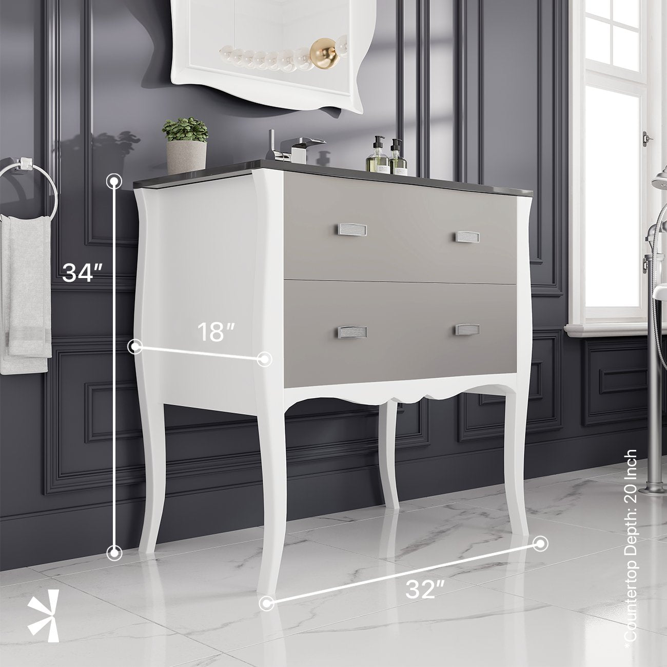 Aranjuez 32 in. White & Silver Single Sink Bath Vanity with Tempered Glass Top and Integrated Sink