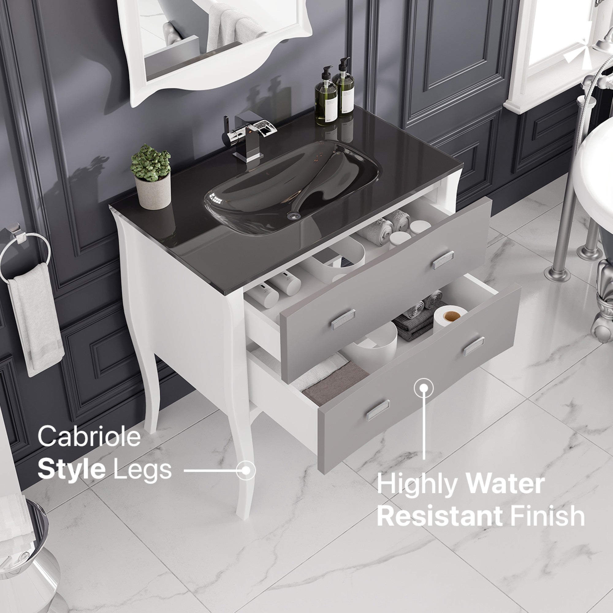 Aranjuez 32 in. White & Silver Single Sink Bath Vanity with Tempered Glass Top and Integrated Sink