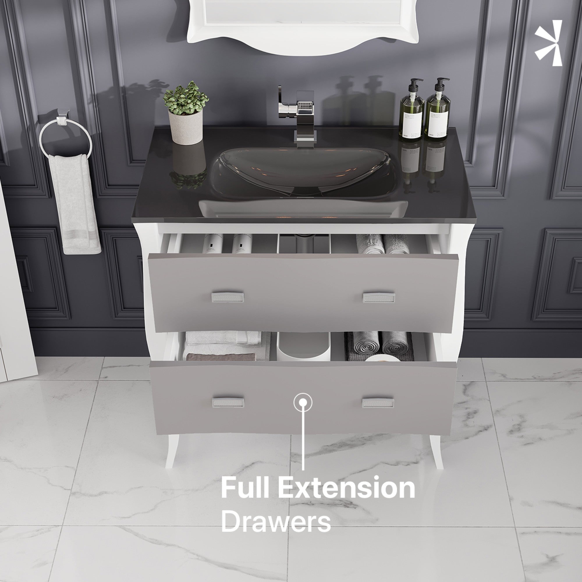 Aranjuez 32 in. White & Silver Single Sink Bath Vanity with Tempered Glass Top and Integrated Sink