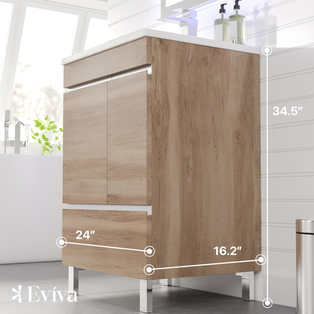 Petite 24 in. Oak Single Sink Bath Vanity with Porcelain Top and Integrated Sink