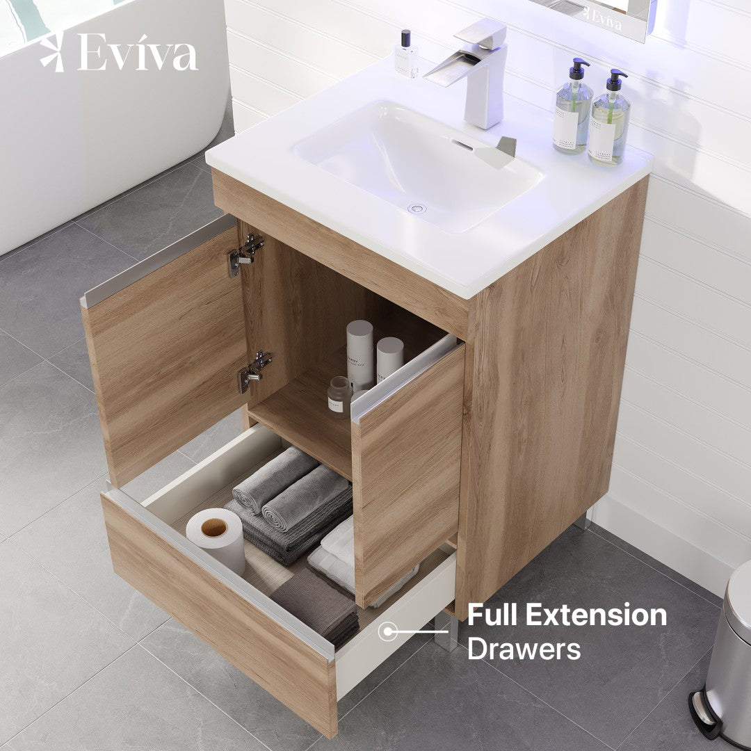 Petite 24 in. Oak Single Sink Bath Vanity with Porcelain Top and Integrated Sink