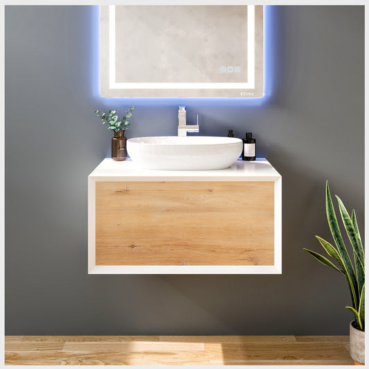 Santa Monica 30"W x 22"D White Oak Bathroom Vanity with Solid Surface Countertop and Vessel Solid Surface Sink