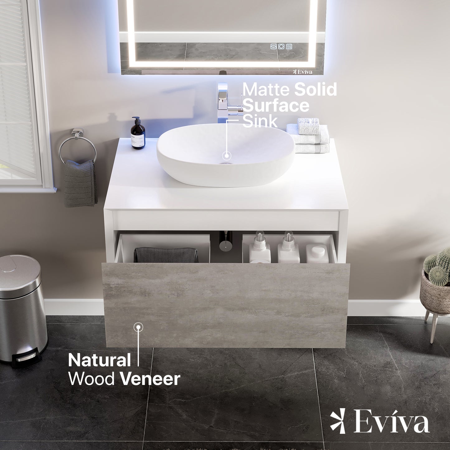 Santa Monica 36"W x 22"D Gray Bathroom Vanity with Solid Surface Countertop and Vessel Solid Surface Sink