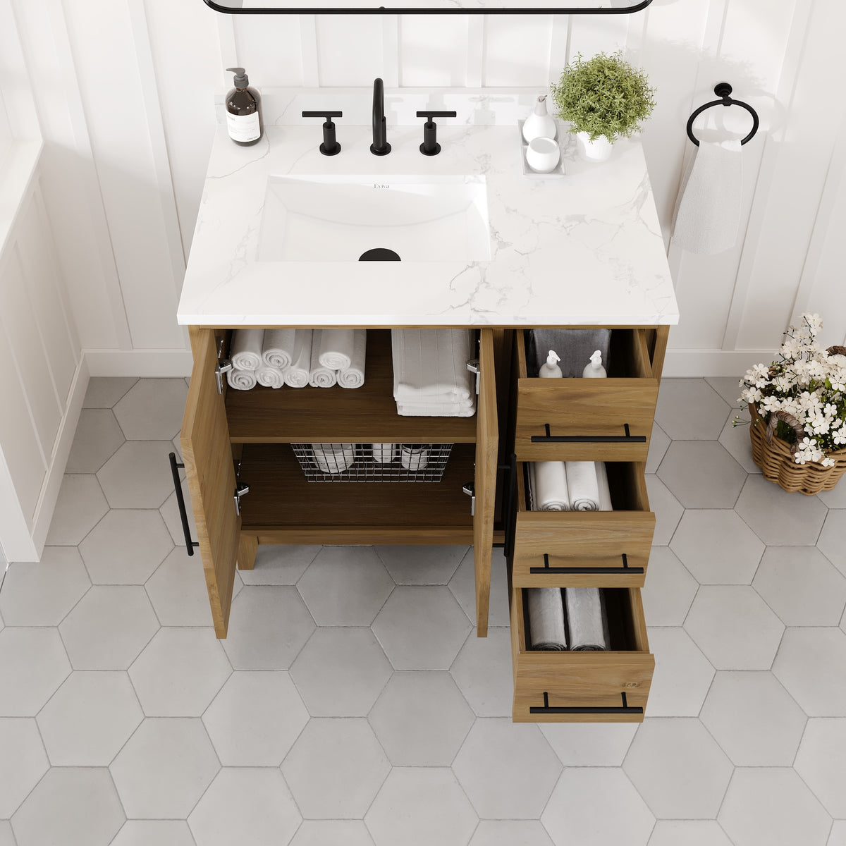 Graham 36 in. Oak Single Sink Bath Vanity with Arabescato Engineered Stone Top and Undermount Porcelain Sink - Bathroom Vanity by Eviva